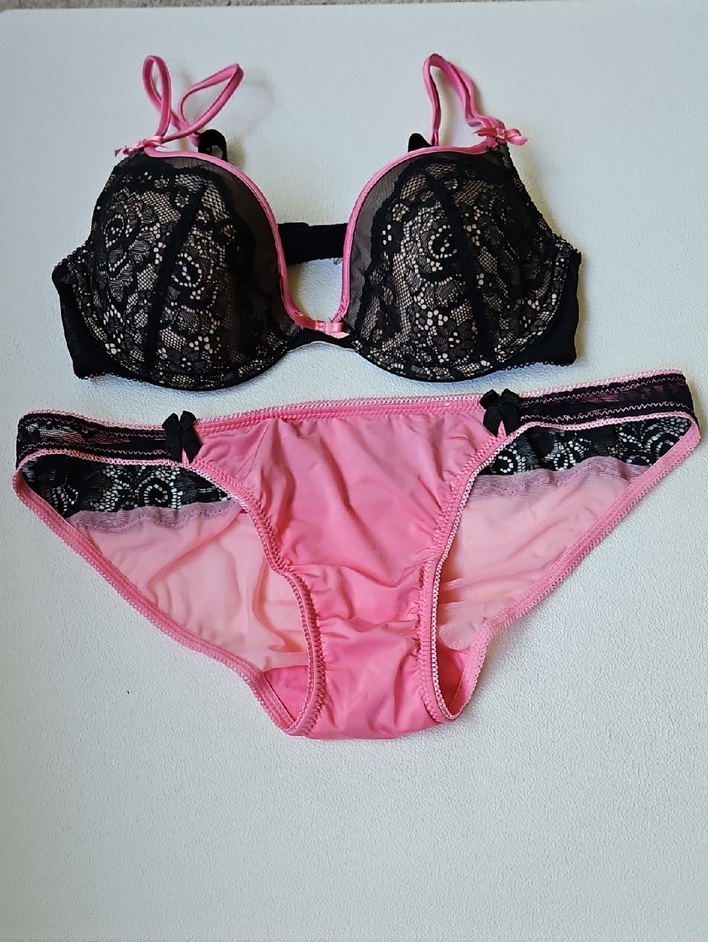 B. Tempted Pink & Black Lace Push-Up Bra and Bikini Brief Set